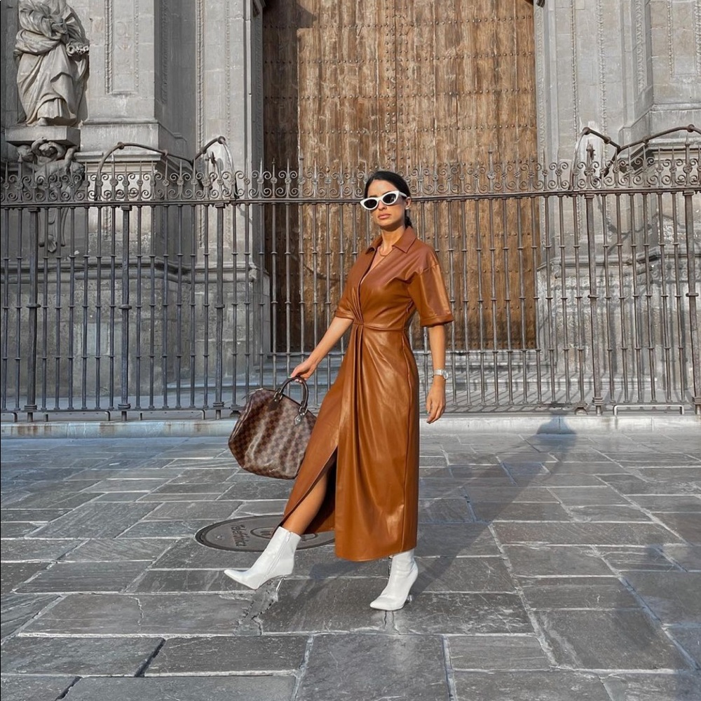 Zara Brown Faux Leather Faux Wrap Shirt Dress - Picture 6 of 16